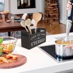 Universal interactive wooden kitchen utensil organizer, three-compartment cooking tool storage box, size: 29.9x11.81x16.69 cm, tabletop stand with drainage holes