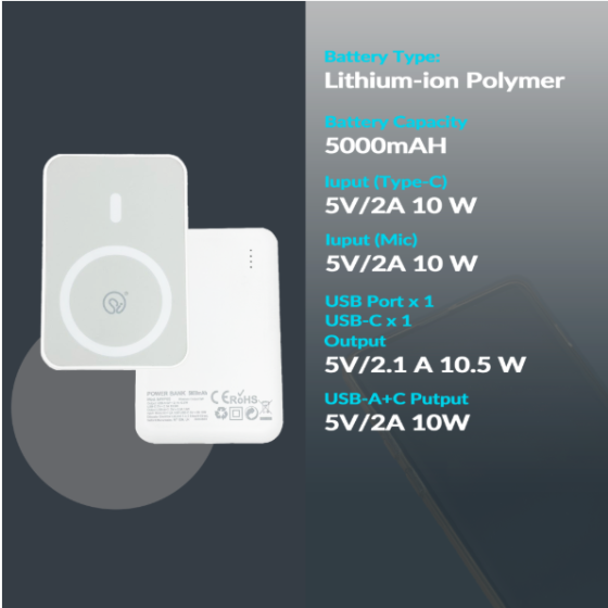 Power Bank Pengisian Nirkabel 5000mAh, Dilengkapi Magnet