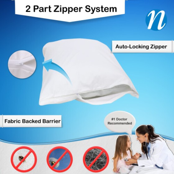 Pelindung Bantal Zipper National Allergy Premium, 100% Katun - Ukuran King - Putih - Set 2 - 300 Benang - Sarung Bantal Hipoalergenik untuk Tempat Tidur.
