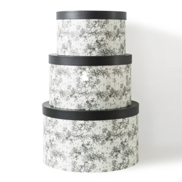 Soul & Lane Floral Pattern Round Hat Box (with lid) - 3-piece set: Nestable cardboard hat box, large black printed hat box, round decorative souvenir box
