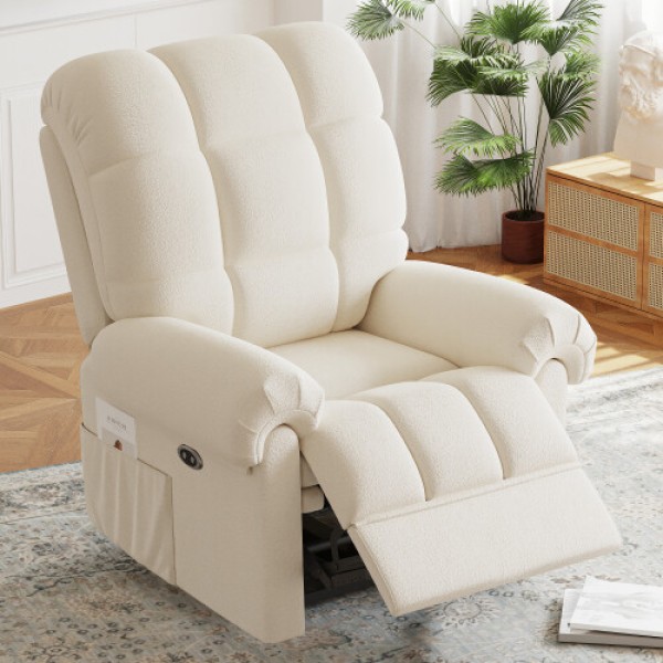 Beige Teddy Fabric Single Electric Recliner Sofa (UK Standard)