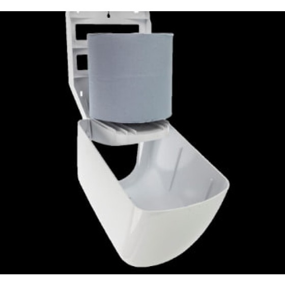 Dispenser pemasukan kertas tengah berwarna biru, dilengkapi dengan gulungan pemasukan kertas tengah sepanjang 50 meter.