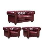 Chesterfield Red Leather Vintage 2+1+1 Sofa Set