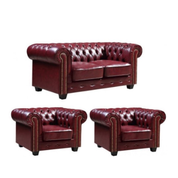 Chesterfield Red Leather Vintage 2+1+1 Sofa Set