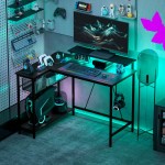 HOMCOM L-Shaped Flip Top Gaming Desk with LED Lights, Storage Function