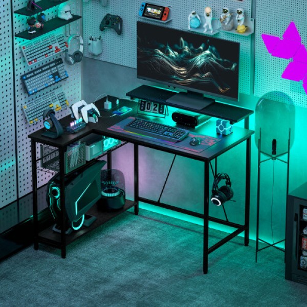 HOMCOM L-Shaped Flip Top Gaming Desk with LED Lights, Storage Function