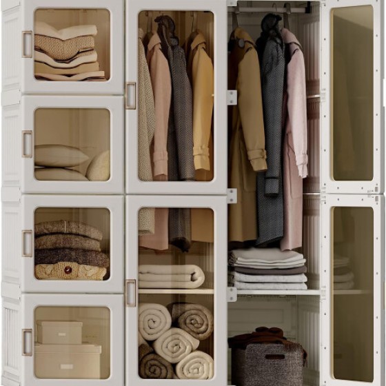 透明扉付きポータブルワードローブ - 3分で素早く組み立て可能、奥行き20インチ、折りたたみ式多目的収納オーガナイザー（PP+PET）