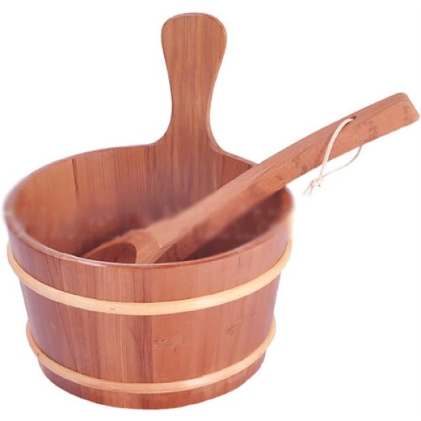 Home Sauna Bucket and Ladle Set, 2L Wooden Steam Bath Accessories, Durable Sauna Shower Tools