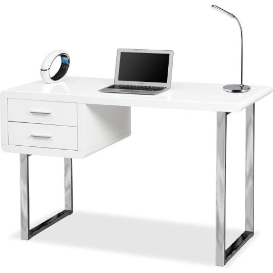 Homeology Harmonia Glossy White Chrome Leg Double Drawer Modern Home Office Luxury Computer Desk