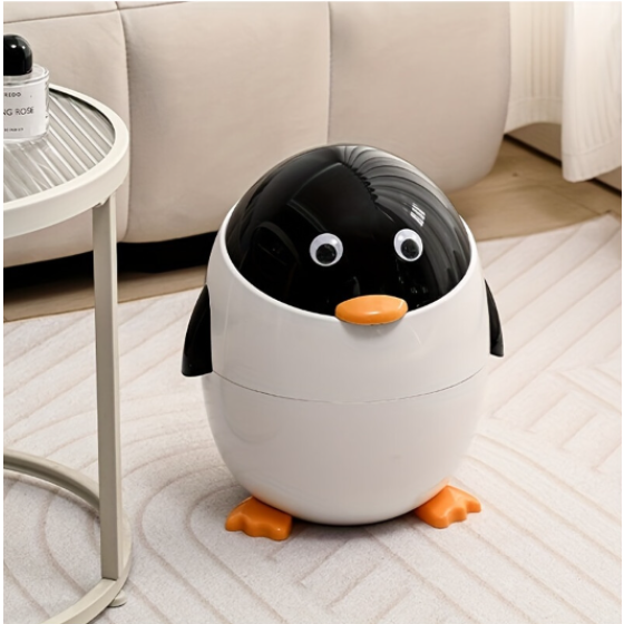 (1 piece) Cute Penguin Flip-Top Trash Can - Round Cartoon Design, Black and White Plastic Trash Can