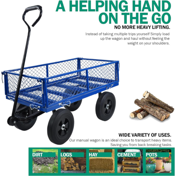 Utility Steel Garden Cart with Removable Sides, Heavy Duty Folding Lawn Wagon, 10 Inch Wheels, 550 Pound Capacity