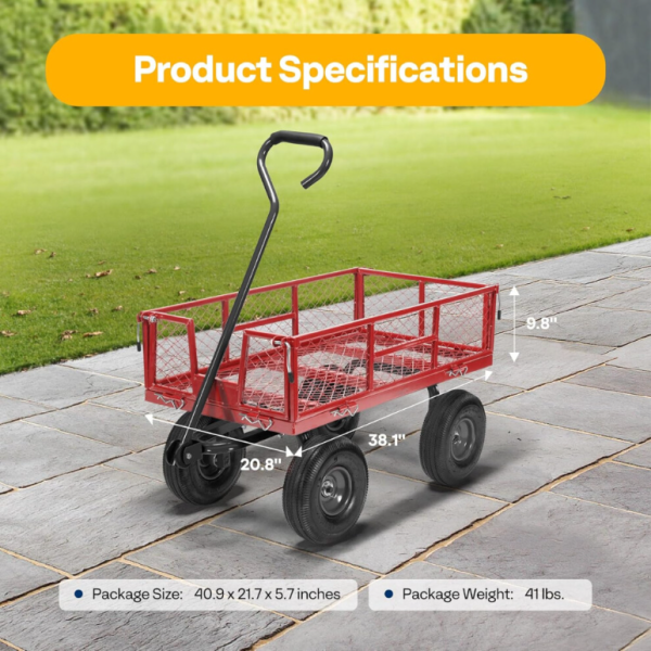 Heavy Duty Mesh Steel Garden Cart 880 Lbs Capacity Folding Utility Wagon with Removable Sides and 10 Inch Wheels Red