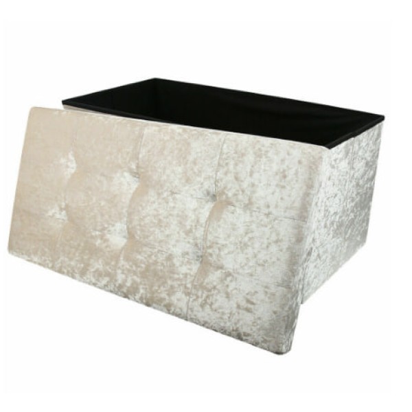 (Cream) Large Velvet Folding Storage Ottoman with Double Seat for Bed
