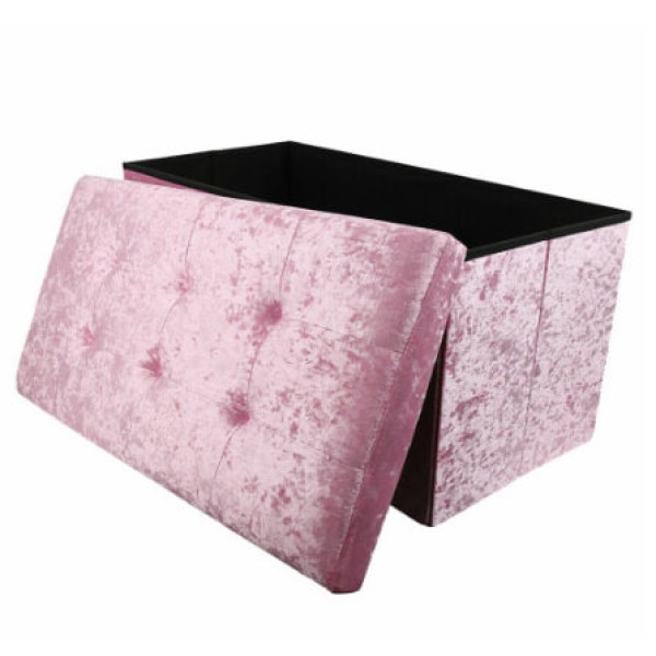 (Pink) Large Velvet Folding Storage Ottoman with Double Seat for Bed