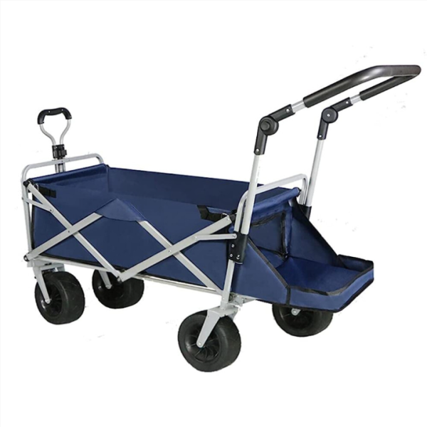 Kereta Tangan Outdoor Lipat dengan Roda Lebar dan Rem Ganda, Pegangan yang Dapat Ditarik, Putar 180 Derajat, Biru Laut