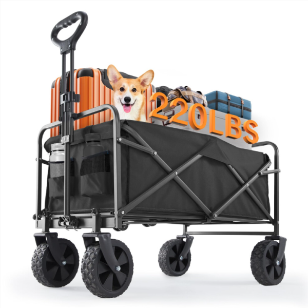 Gerobak Kereta Lipat dan Bisa Dilipat 30IN Hitam, Gerobak Serbaguna Taman Pantai Heavy Duty dengan Roda Semua Medan dan Tempat Minuman