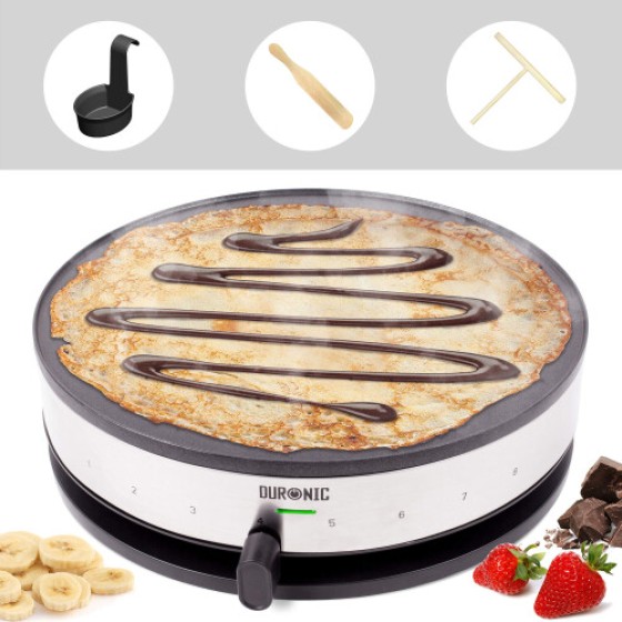 Pembuat Crepe Duronic PM131, Mesin Pancake Elektrik 33cm, 1300W, Memasak Crepe dan Galette Tradisional Prancis, Anti Lengket, Termasuk Peralatan Creperie