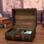 ヴィンテージ木製スーツケース – アンティークレザー装飾収納ボックス、小型パイレーツトレジャーチェスト、撮影小道具・アクセサリー・本用、ブラウン