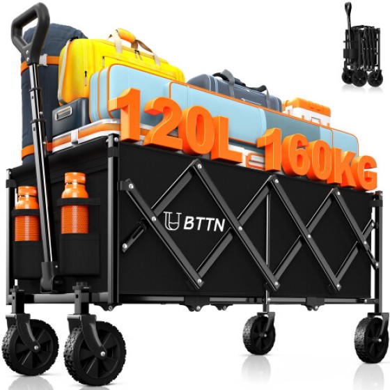 BTTN 120L エクストラロング折りたたみフェスティバルトロリー 160kg 350LBS容量 静音ホイール付きショッピングトロリー 折りたたみキャンプガーデントロリー 広告付き
