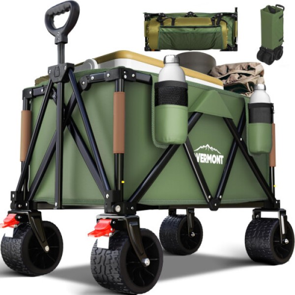 Overmont 150kg Festival Camping Trolley on Wheels - Heavy Duty Folding Beach Wagon Cart with Extra Wide Wheels, Adjustable Handle, Portable for