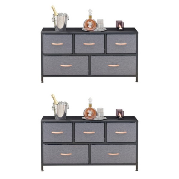 2X Chest of 5 Drawers, Fabric Storage Cabinet Dresser with Handle