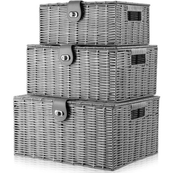 Homepeaz Set of 3 Woven Storage Basket Bin Wicker Hamper Stackable Box