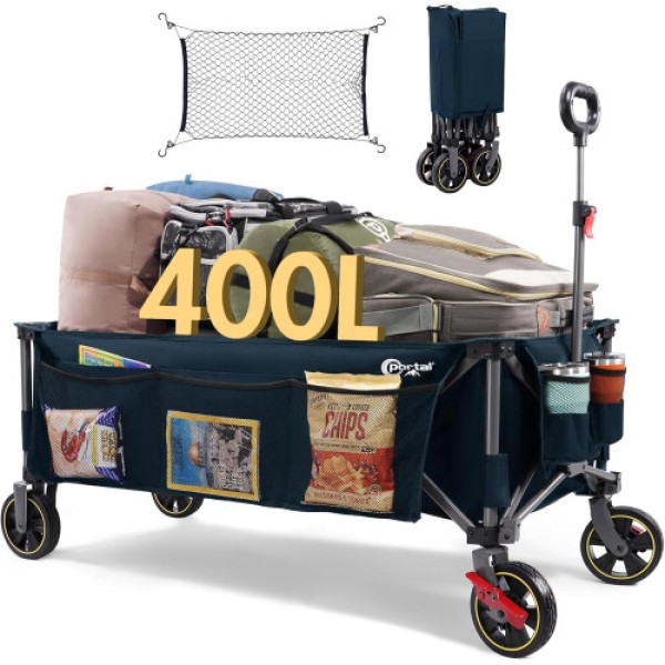 Portal 400L Festival Trolley on Wheels XXL Extended with Brakes Camping Trolley Cart Heavy Duty Beach Wagon Longer Pull along Collapsible Garden Cart
