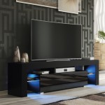Aria 160cm テレビスタンド LEDライト付き - ブラック光沢キャビネットドア