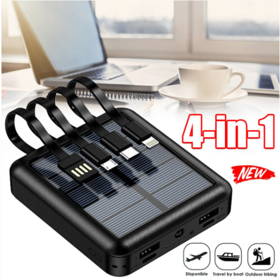 Power Bank Tenaga Surya Mini, 20000mAh Pengisi Daya Ponsel 4 dalam 1 Pengisian Cepat