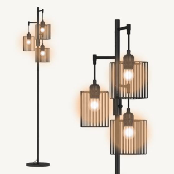 英国製 3灯フロアランプ、リビングルーム用調光可能な金属ランプシェード