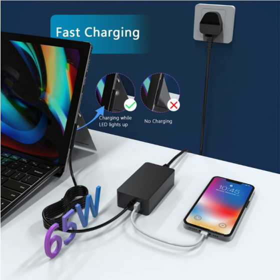 Charger Surface Pro 65W yang Kompatibel dengan Microsoft Surface Pro 9/8/X/7/7+/6/5, Surface Book 3/2/1, Surface Laptop 5/4/3/2/1, Surface Studio, dan Surface Go Tablet. Mendukung semua perangkat.