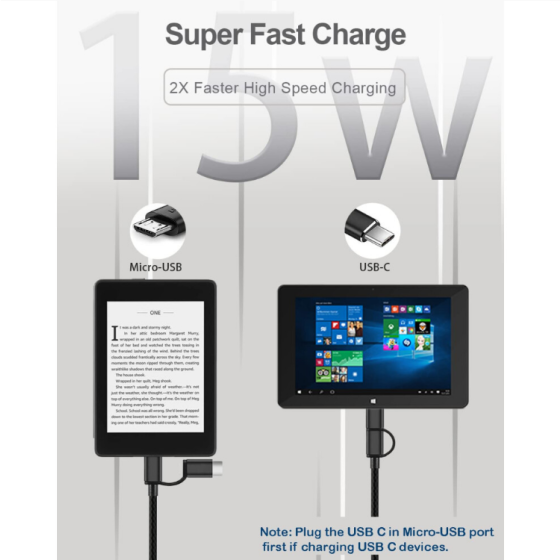 Charger Daya Type-C 5V3A 15W, kompatibel dengan tablet Fire HD 10 Generasi ke-9, Kindle Fire HD 6/7/8.9/9.7, dan Fire 7 HD 8/10.