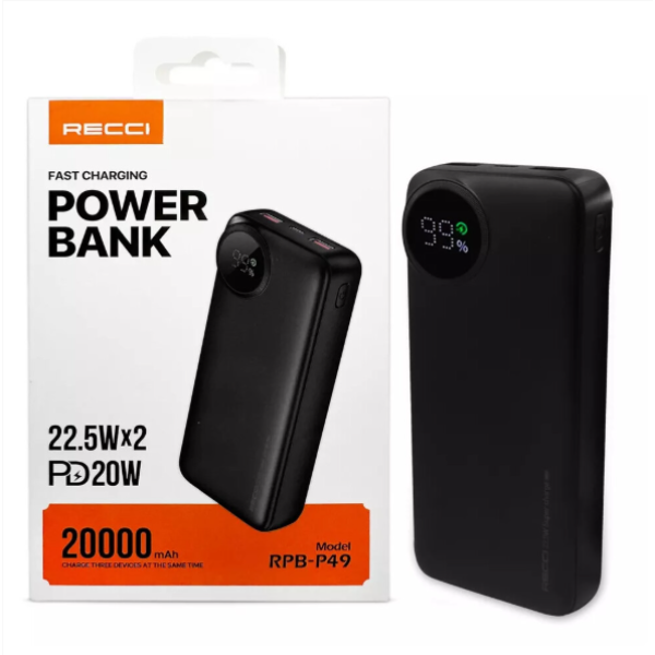 (20,000mAh) Recci Power Bank Portabel 45W Kapasitas 50,000mAh, Travel, Camping, Pengisian Cepat, Power Bank Berkapasitas Tinggi dan Tahan Lama untuk iPhone, iPad, Samsung