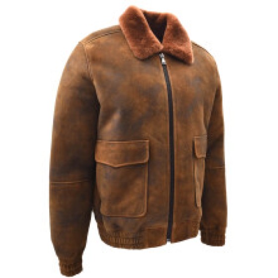 (Brown, M Size) Men's Genuine Sheepskin Pilot Jacket, Vintage Brown with Ginger Yellow Merino Wool, Klaus