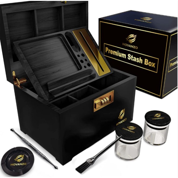 Kotak Penyimpanan Premium Besar - Kotak Kayu Anti Bau dengan Kunci dan Nampan Gulung - Kotak Kayu Penyimpanan untuk Ramuan dan Aksesori