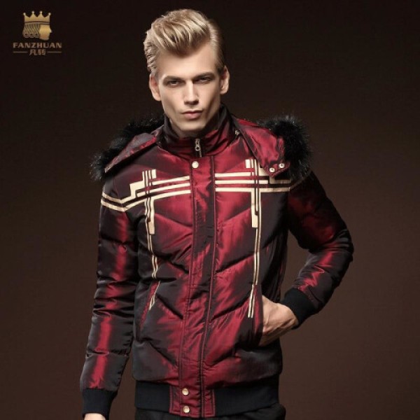 メンズ秋冬スリムフィットショートフード付きダウンジャケット、カジュアルプラスサイズトレンディーフリースアウター