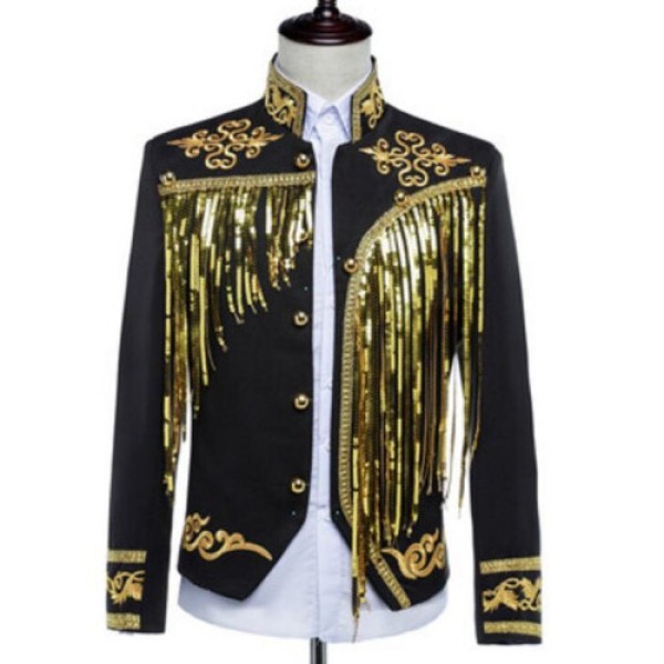 Men's Jacket Blazer, Singer Sequin Gold and Silver Host Outfit, Nightclub Stage Event Star Singer Dancer Jacket