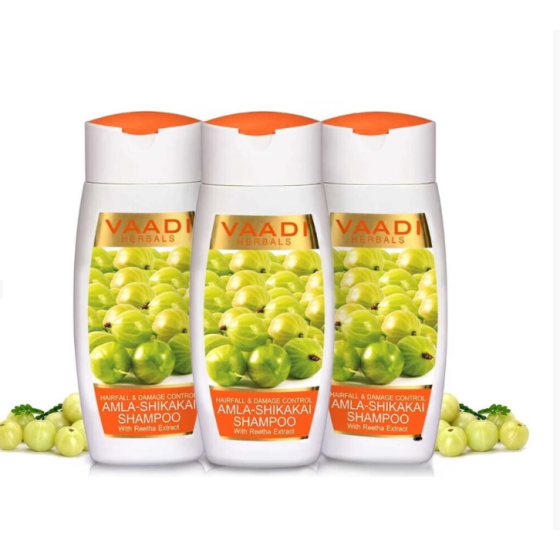 100% Organik Vaadi Herbals Shampo Anti Rontok & Kerusakan Amla-Shikakai dengan Ekstrak Reetha (110ml x 3)