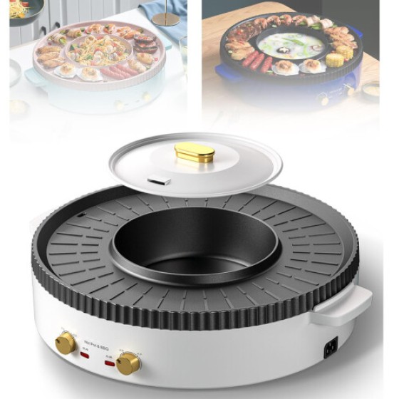 Grill Listrik dan Hot Pot Kombinasi Suhu Ganda, Tanpa Asap, untuk 2-6 Orang, Wajan Anti Lengket