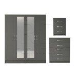 Set tiga potong yang sudah dirakit, termasuk lemari pakaian klasik empat pintu dengan cermin dua sisi, lemari lima laci, dan meja samping tempat tidur set (Abu-abu).