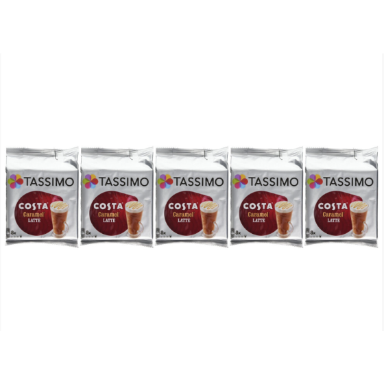 Kapsul Kopi Tassimo Costa Caramel Latte (Paket 5, Total 80 Kapsul, 40 Sajian)
