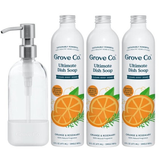 Grove Co. Isi Ulang Sabun Cuci Piring Ultimate (3 x 16 Fl Oz) + Dispenser Sabun Cuci Piring Kaca Isi Ulang untuk Wastafel Dapur dengan Selongsong Silikon Anti-Slip.