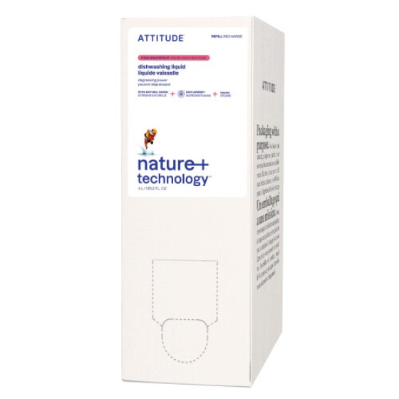 ATTITUDE Cairan Pencuci Piring EWG Verified Vegan, Sabun Cuci Piring Berbasis Tumbuhan dengan Bahan Alami, Refill Besar 135.3 Fl Oz, Aroma Jeruk Bali Merah.