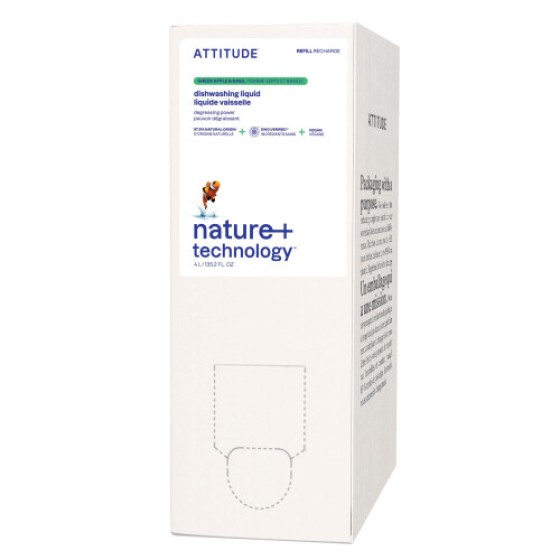 ATTITUDE Cairan Pencuci Piring EWG Verified Vegan, Sabun Cuci Piring Berbahan Dasar Tumbuhan, Produk Alami Rasa Apel Hijau & Kemangi, Isi Ulang Besar 135.3 Fl Oz.