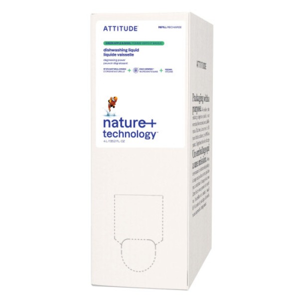 ATTITUDE Dishwashing Liquid EWG Verified Vegan Dish Soap Plant Based Naturally Derived Products Green Apple and Basil Bulk Refill 135.3 Fl