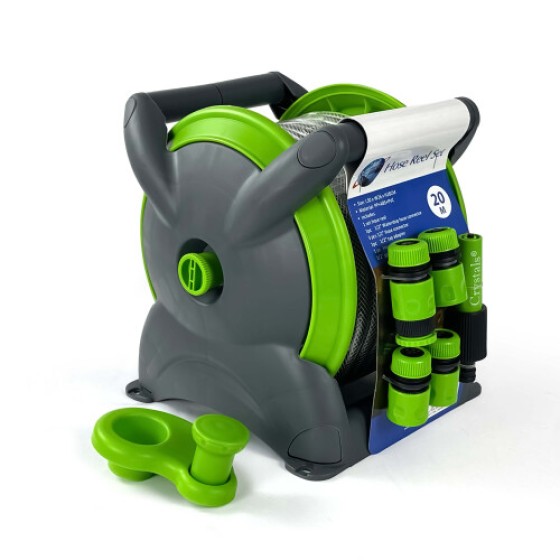 20M ガーデンホース＆コンパクト壁掛けリール付属セット（自立式・壁掛け式、新品）