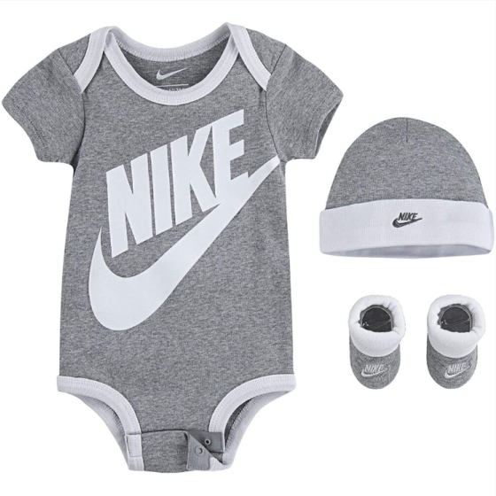 Nike 3-Piece Set with Bodysuit, Hat, and Booties for Babies (Grey Melange (MN0073-042)/White, 6-12 Months)