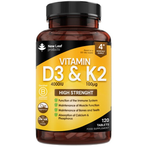 Tablet Vitamin D3 dan K2, Vitamin D3 4000 IU + Vitamin K2 100mcg - Pasokan 4 Bulan