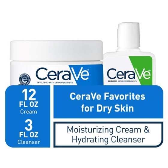 Krim Pelembap CeraVe dan Kombinasi Uji Cuci Wajah Pelembap | Krim 12 oz + Pembersih Ukuran Perjalanan 3 oz