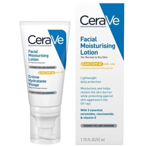 CeraVe Lotion Pelembap Wajah AM SPF 50 dengan Ceramides dan Vitamin E untuk Kulit Normal hingga Kering 52ml